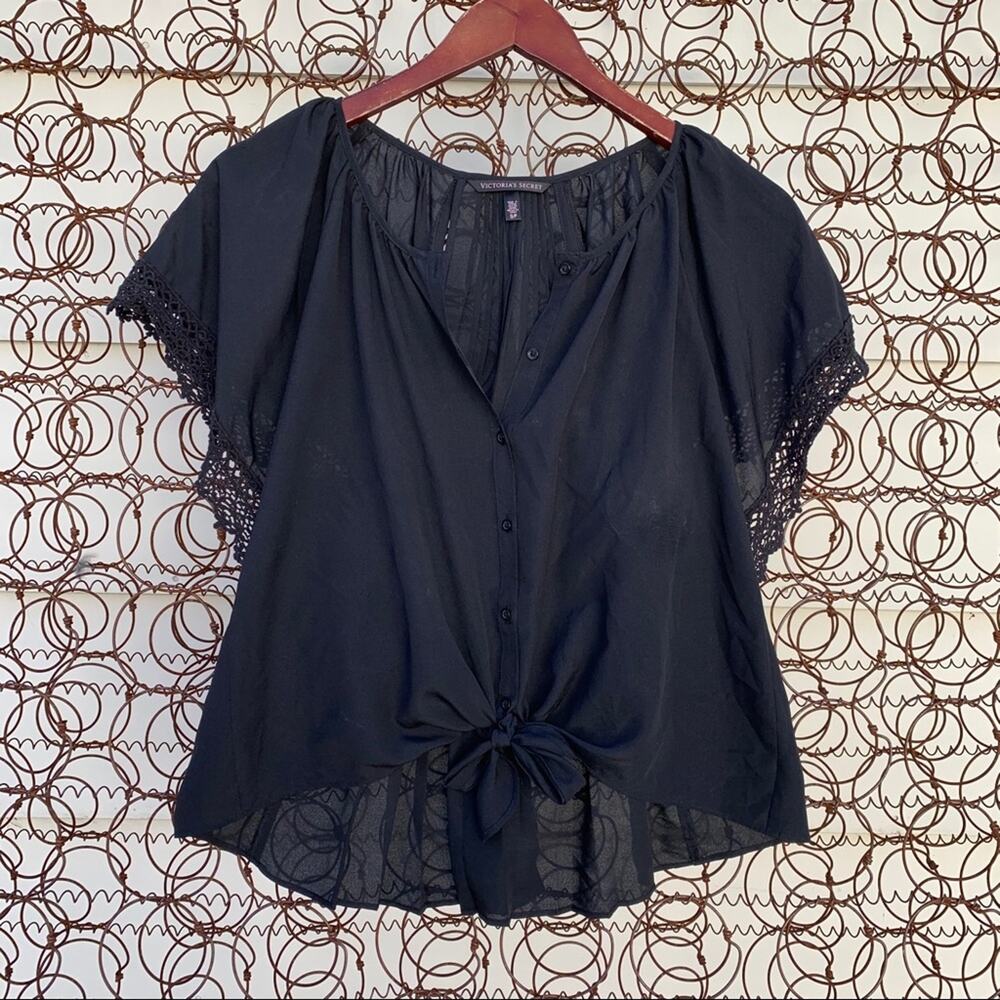 Y2K Victoria’s Secret black sheer tie front blouse flutter sleeve black SMALL